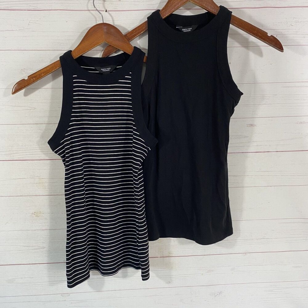 Simply Vera Wang Womens Lot of 2 Black Tank Tops Sz Small Solid/Stripe Pullover